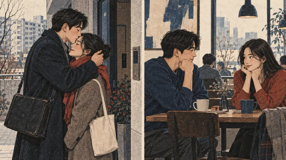 An established couple and a first cafe date contrast love with early attraction.
