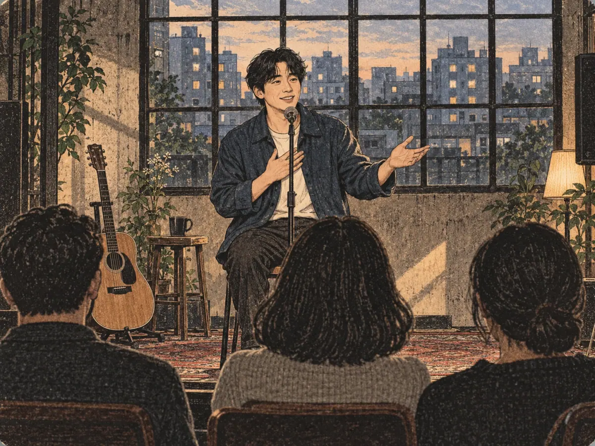 A Korean singer addresses seated adult fans with a warm open-hand gesture at a small Seoul concert venue.