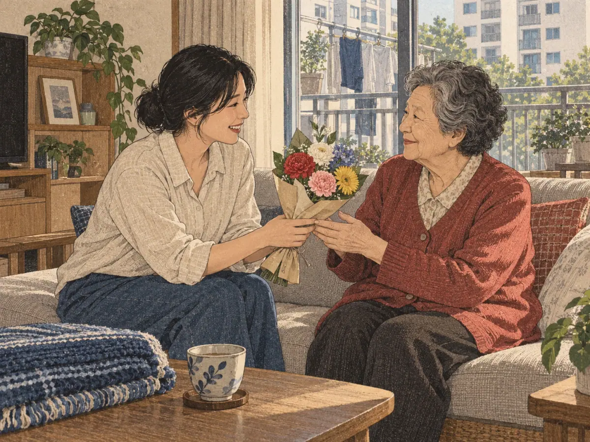 Show a grown granddaughter conveying affection respectfully to her grandmother, with a bouquet and quiet smile.