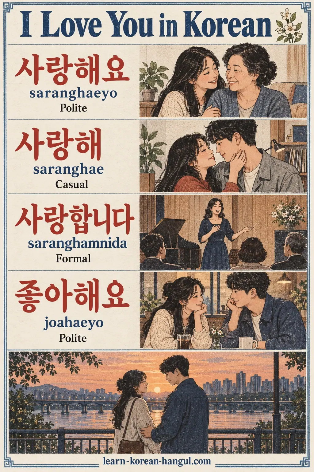 Illustrated cheat sheet: 사랑해요 (saranghaeyo); 사랑해 (saranghae); 사랑합니다 (saranghamnida); 좋아해요 (joahaeyo).