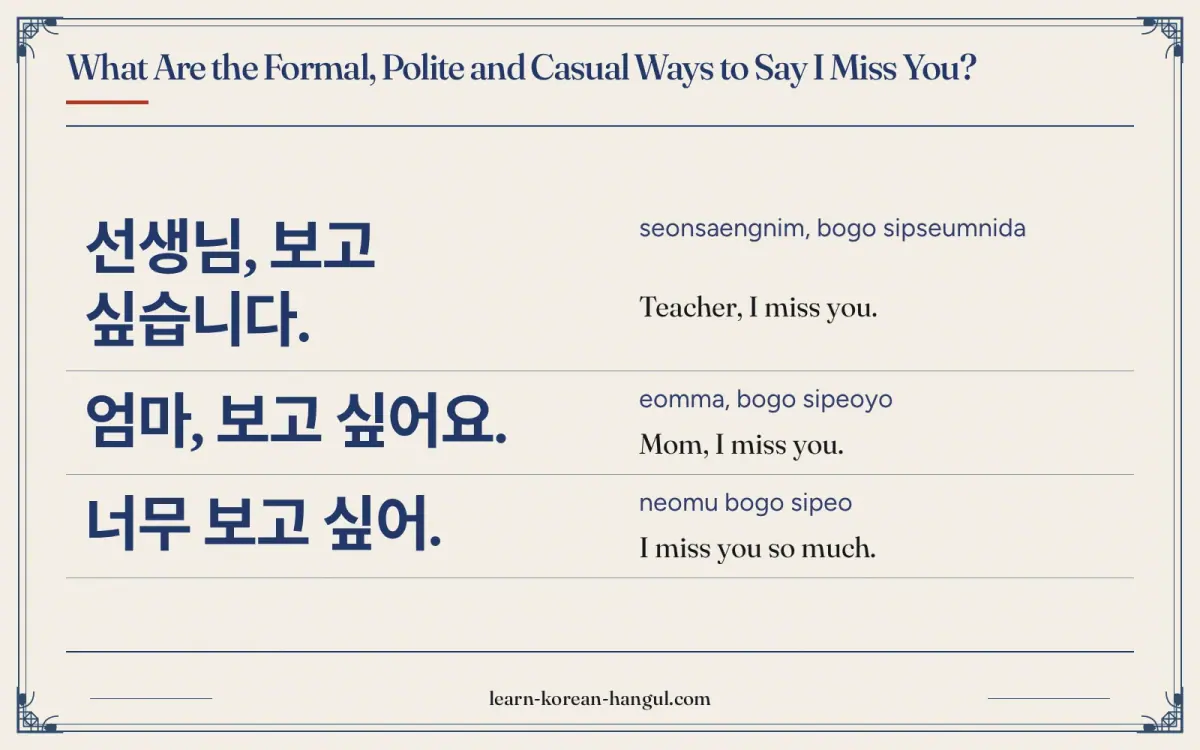 선생님, 보고 싶습니다. · seonsaengnim, bogo sipseumnida · Teacher, I miss you. · What are the formal, polite and casual ways to say i miss you?
