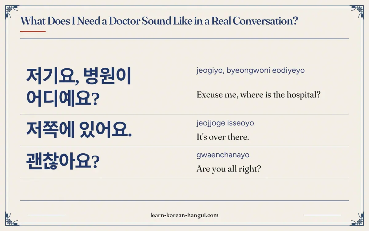 저기요, 병원이 어디예요? · jeogiyo, byeongwoni eodiyeyo · Excuse me, where is the hospital? · What does I need a doctor sound like in a real conversation?