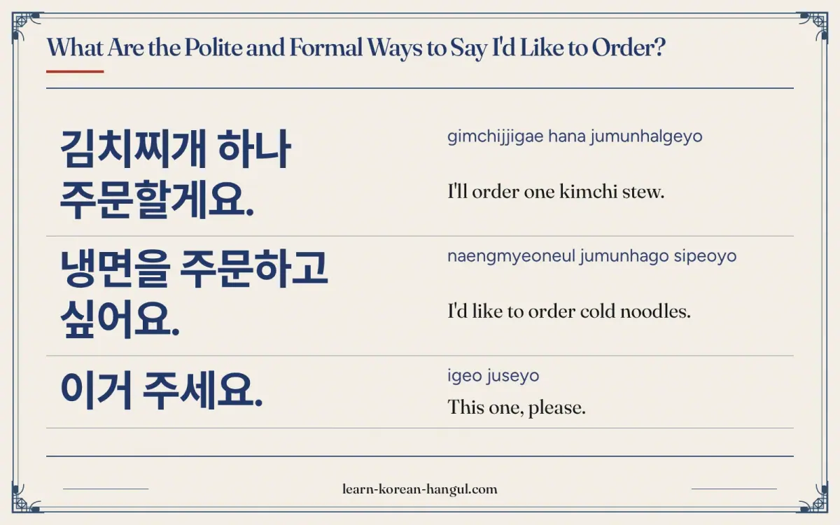 김치찌개 하나 주문할게요. · gimchijjigae hana jumunhalgeyo · I'll order one kimchi stew. · What are the polite and formal ways to say I'd like to order?