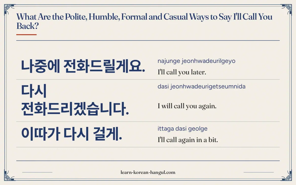 나중에 전화드릴게요. · najunge jeonhwadeurilgeyo · I'll call you later. · What are the polite, humble, formal and casual ways to say I'll call you back?