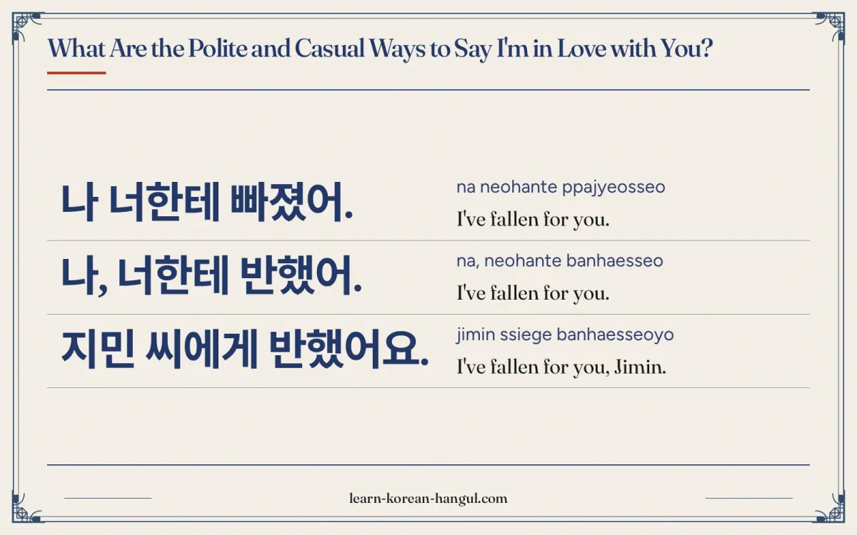 나 너한테 빠졌어. · na neohante ppajyeosseo · I've fallen for you. · What are the polite and casual ways to say i'm in love with you?