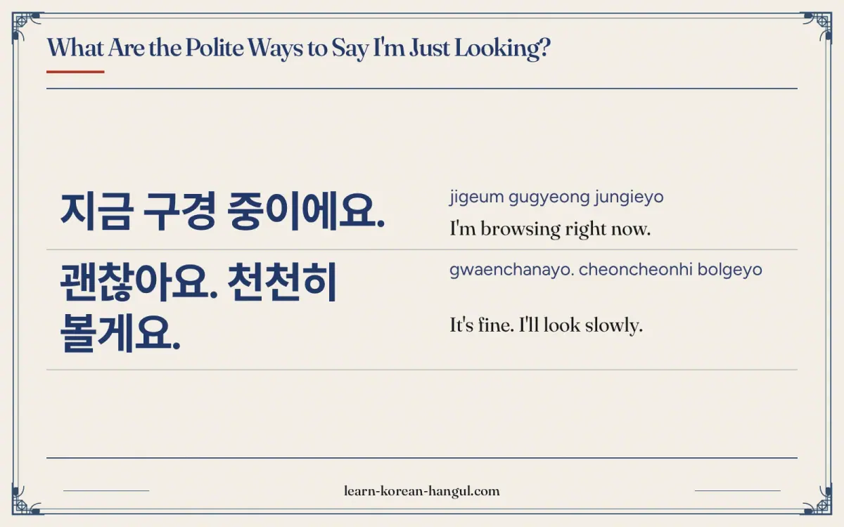 지금 구경 중이에요. · jigeum gugyeong jungieyo · I'm browsing right now. · What are the polite ways to say i'm just looking?
