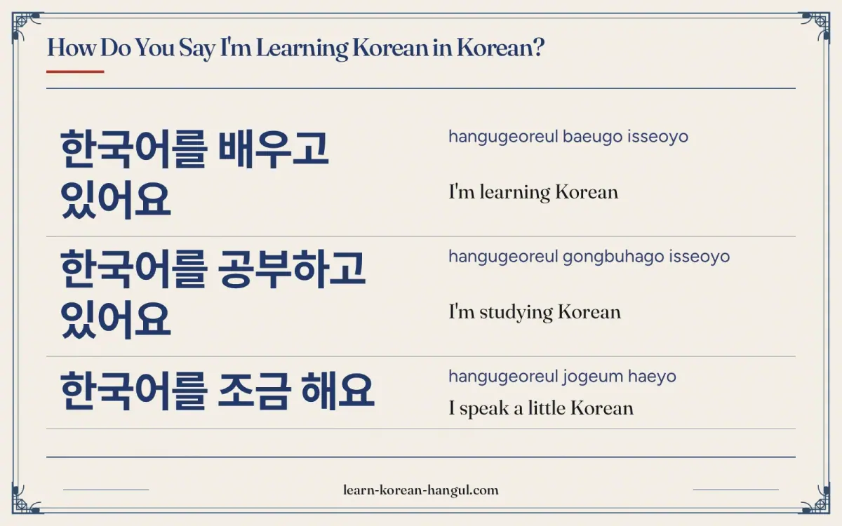 한국어를 배우고 있어요 · hangugeoreul baeugo isseoyo · I'm learning Korean · How do you say I'm learning Korean in Korean?