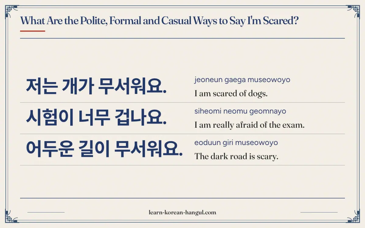 저는 개가 무서워요. · jeoneun gaega museowoyo · I am scared of dogs. · What are the polite, formal and casual ways to say i'm scared?
