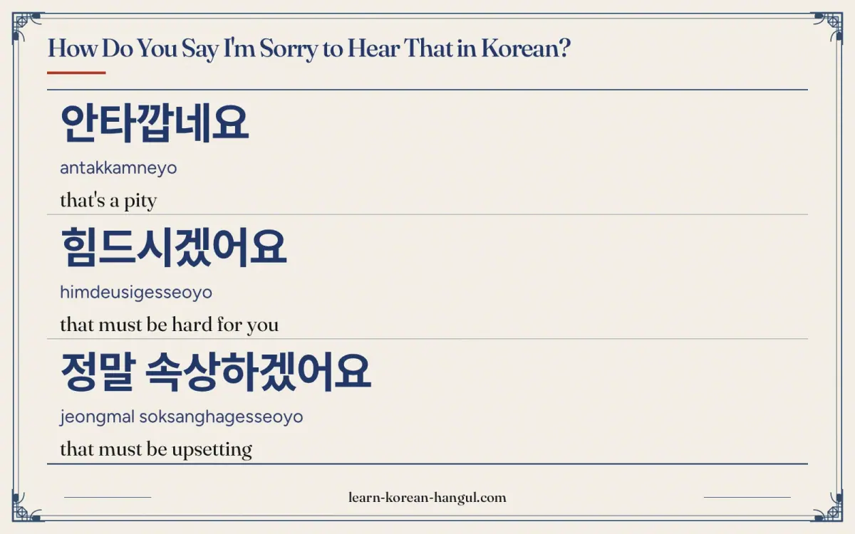 안타깝네요 · antakkamneyo · that's a pity · How do you say I'm sorry to hear that in Korean?