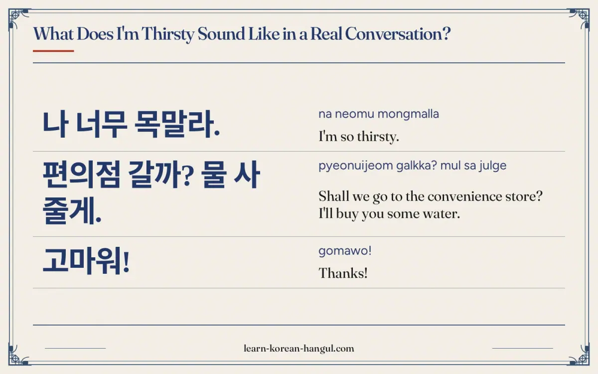 나 너무 목말라. · na neomu mongmalla · I'm so thirsty. · What does i'm thirsty sound like in a real conversation?