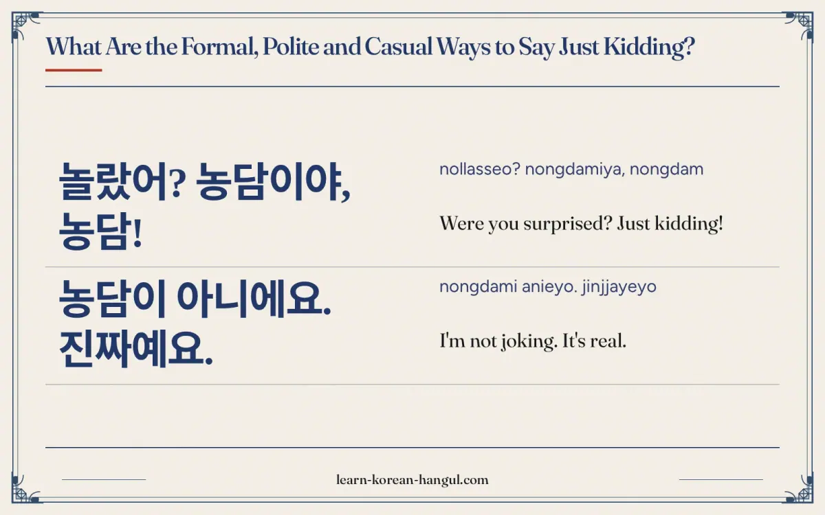 놀랐어? 농담이야, 농담! · nollasseo? nongdamiya, nongdam · Were you surprised? Just kidding! · What are the formal, polite and casual ways to say just kidding?