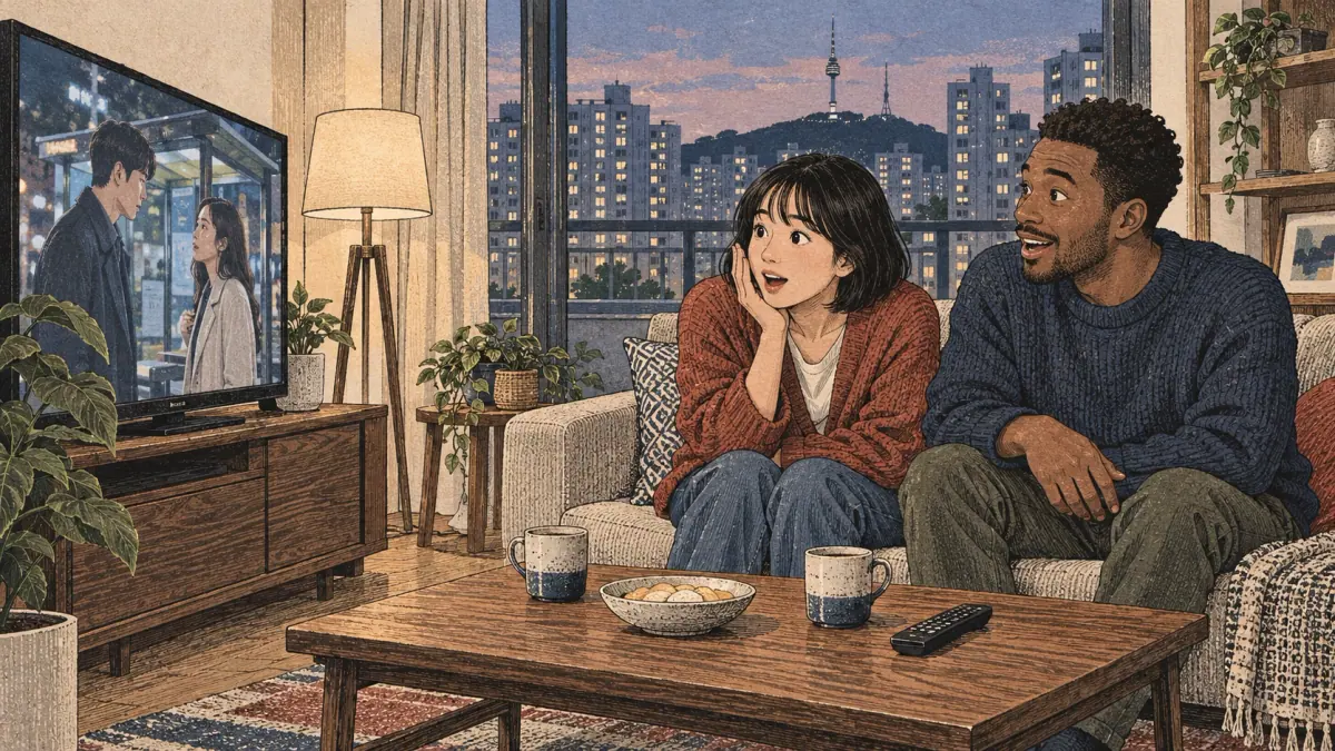 Two friends react with surprise while watching a Korean drama in a Seoul apartment.