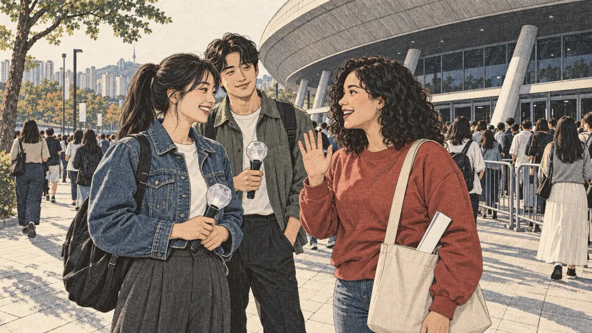 Adult K-pop fans greet each other with lightsticks outside a Seoul concert venue.