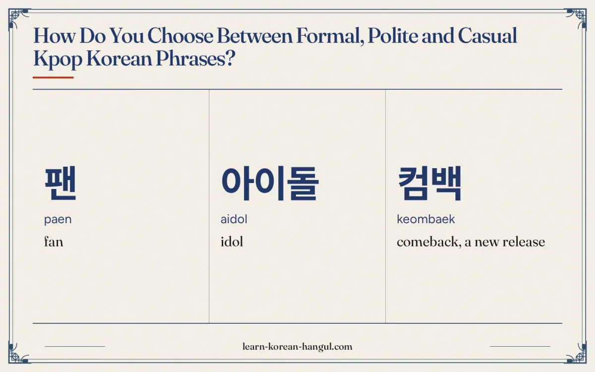 팬 · paen · fan · How do you choose between formal, polite and casual kpop korean phrases?