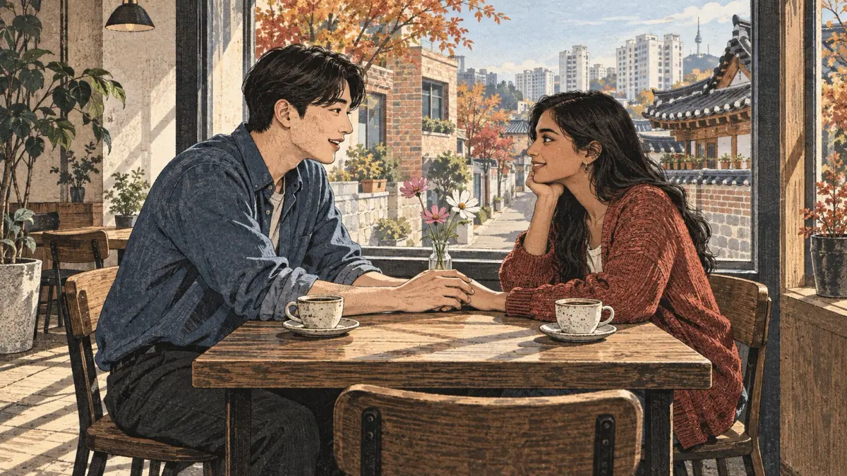 A couple share an affectionate conversation at a café beside a Seoul neighborhood street.
