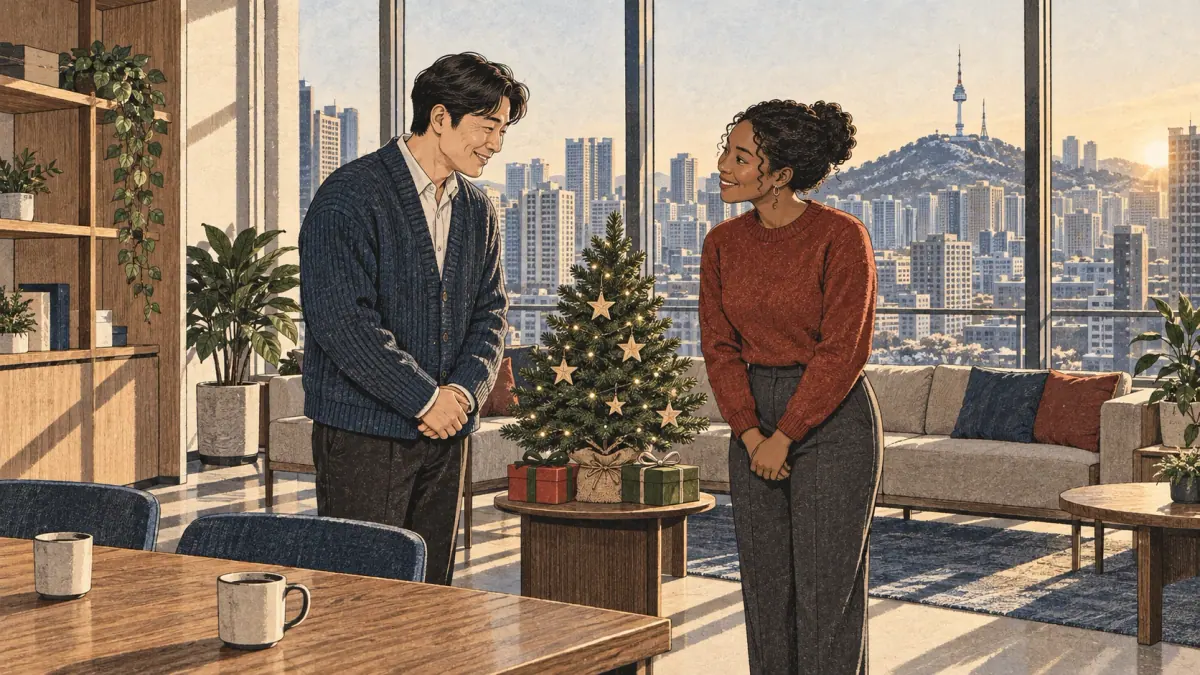 Two coworkers exchange Christmas greetings beside a small tree in a Seoul office.