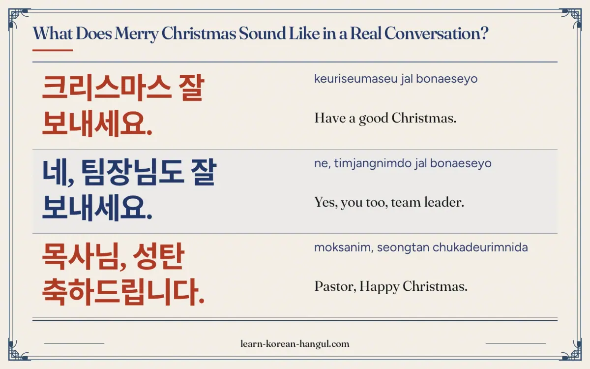 크리스마스 잘 보내세요. · keuriseumaseu jal bonaeseyo · Have a good Christmas. · What does merry christmas sound like in a real conversation?