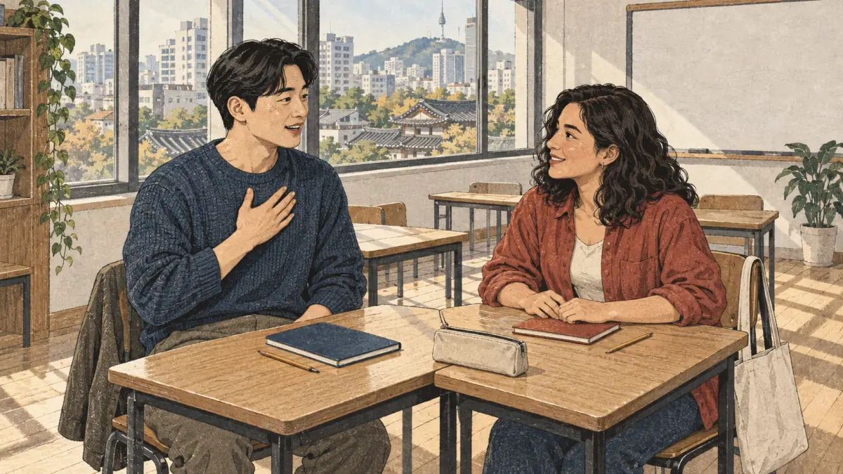 Two adult students introduce themselves at a classroom desk in Seoul.