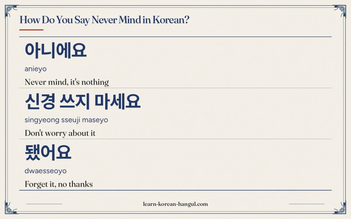 아니에요 · anieyo · Never mind, it's nothing · How do you say never mind in Korean?