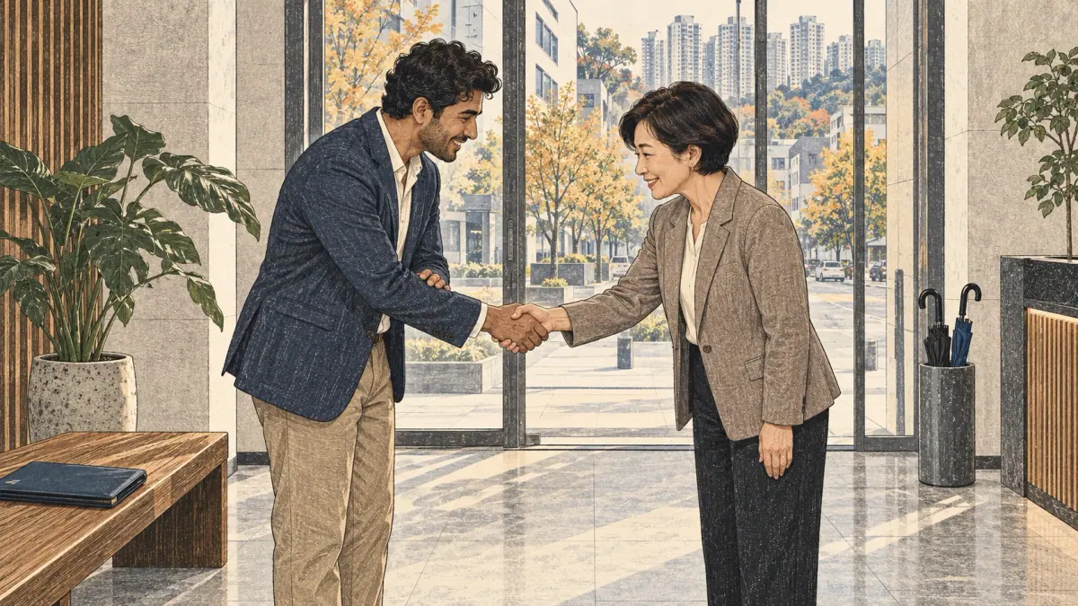 Two adults exchange a slight bow and a respectful handshake at their first meeting in Seoul.