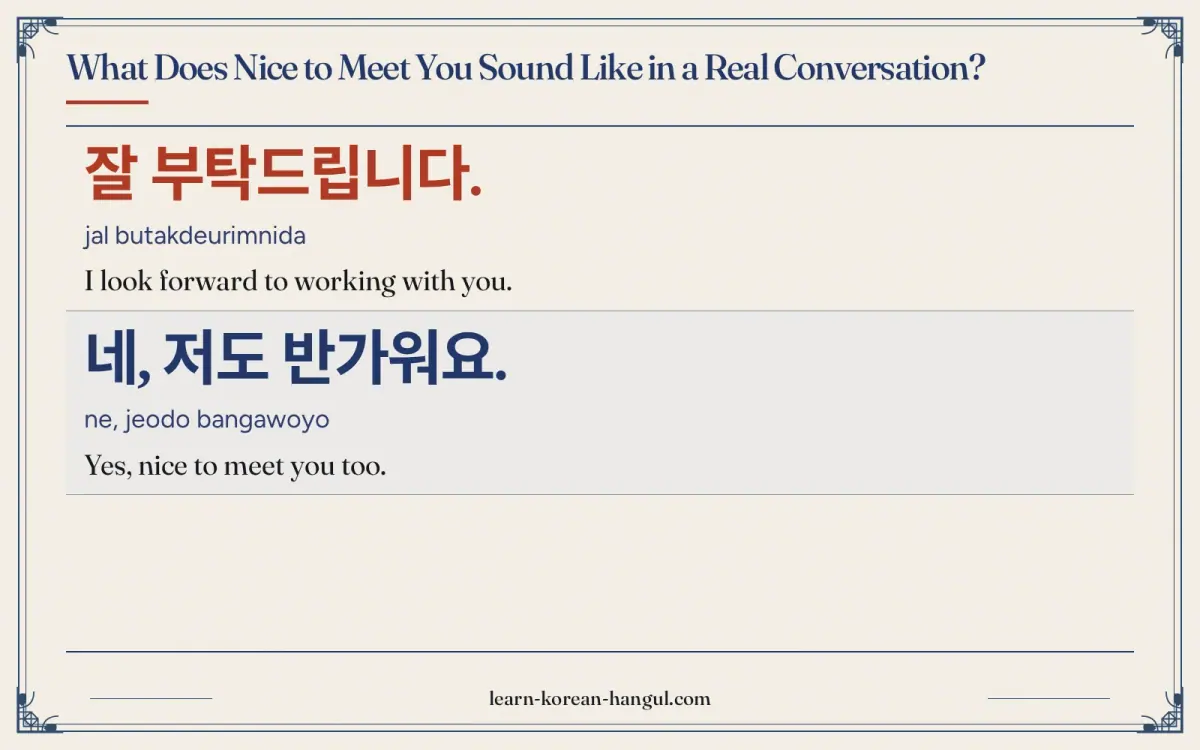 잘 부탁드립니다. · jal butakdeurimnida · I look forward to working with you. · What does nice to meet you sound like in a real conversation?