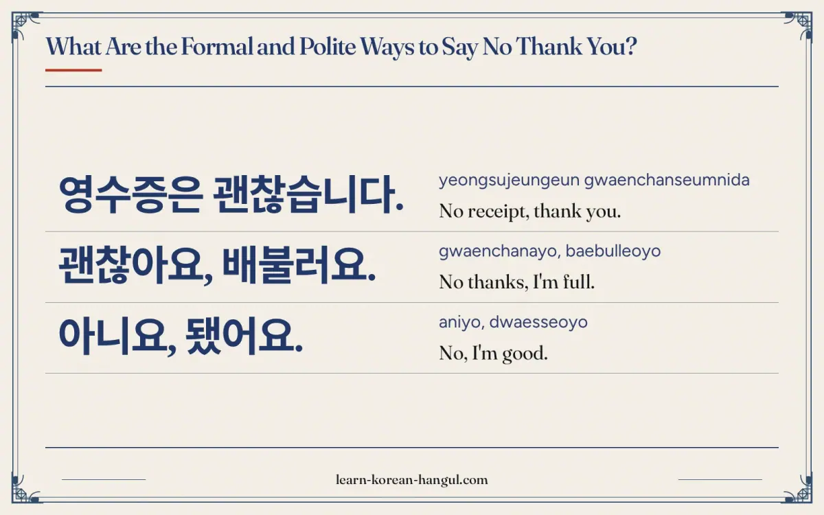 영수증은 괜찮습니다. · yeongsujeungeun gwaenchanseumnida · No receipt, thank you. · What are the formal and polite ways to say no thank you?