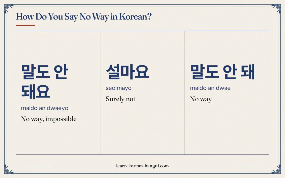 말도 안 돼요 · maldo an dwaeyo · No way, impossible · How do you say no way in Korean?