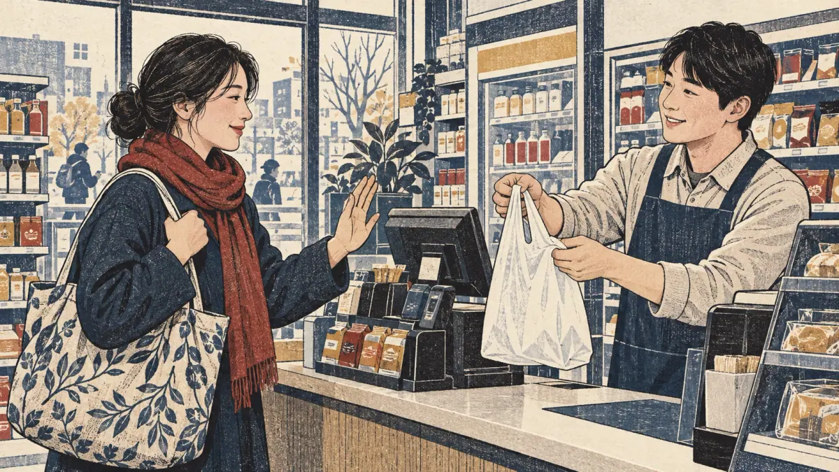 A shopper declines a bag from a convenience-store clerk while holding a reusable tote.