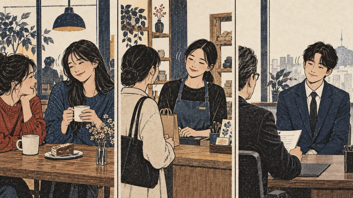 Three scenes contrast casual friends, a polite customer and a formal job interview.