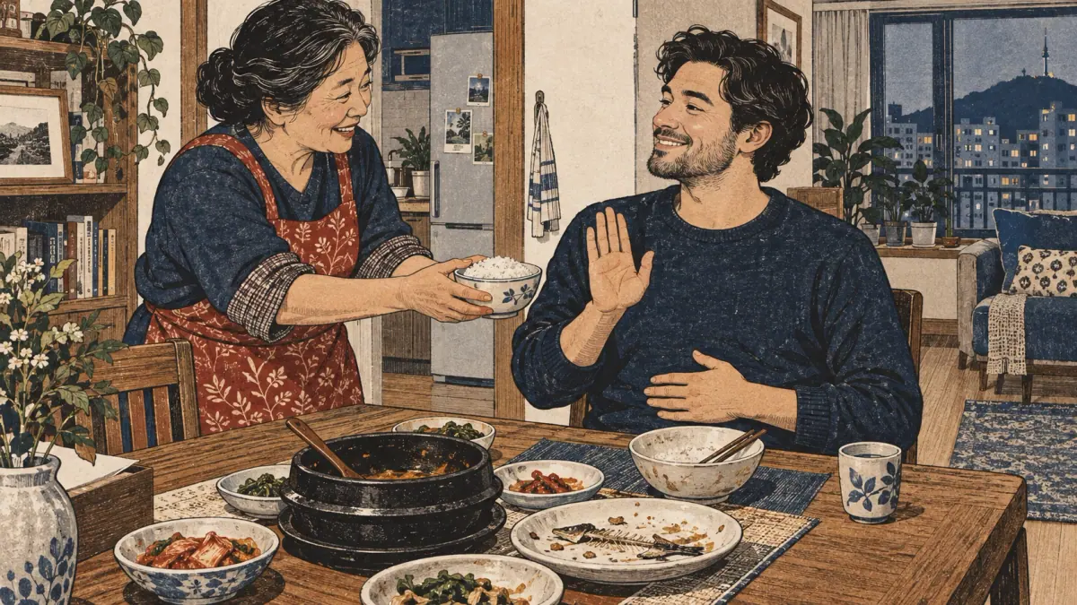 A full dinner guest smiles and gently declines another bowl of rice offered by a Korean host.