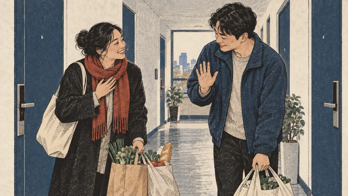 A neighbour thanks an adult helper carrying groceries, who modestly waves off the thanks.