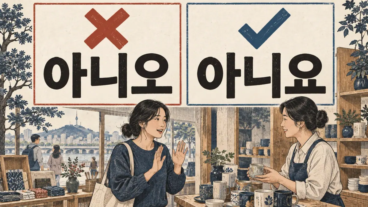 A cross marks 아니오 and a check marks 아니요 as the correct spelling for answering no.