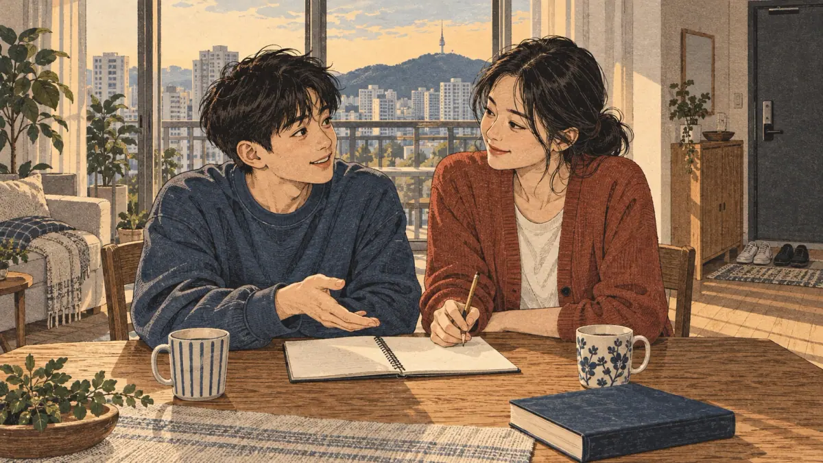 A younger adult brother asks his older sister for help at their Seoul apartment table.