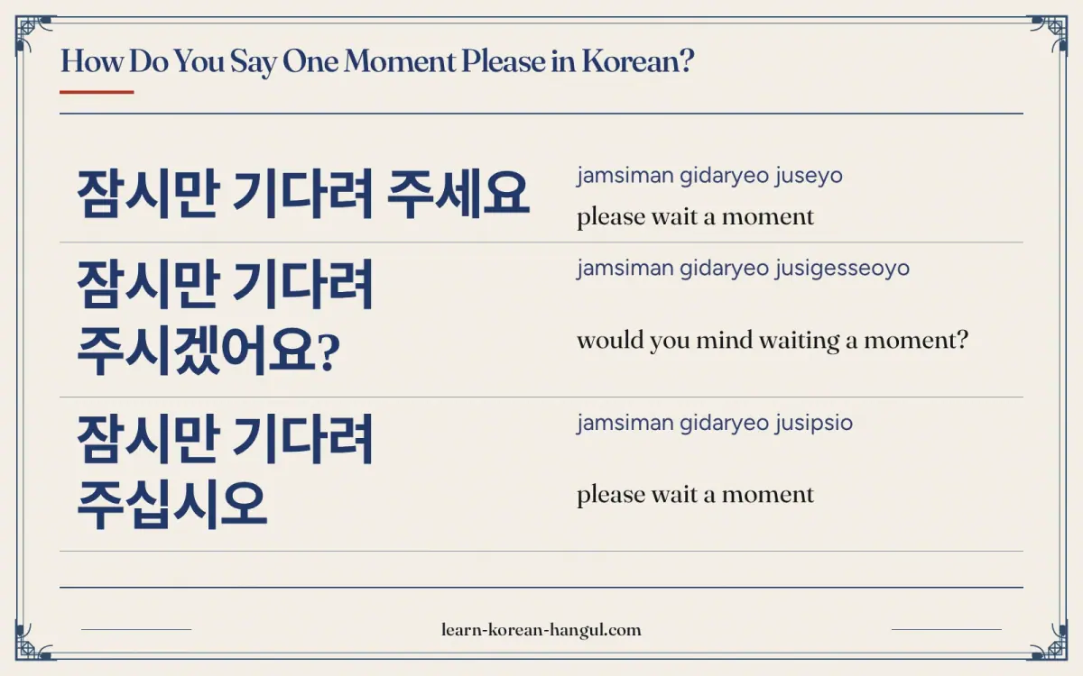 잠시만 기다려 주세요 · jamsiman gidaryeo juseyo · please wait a moment · How do you say one moment please in Korean?