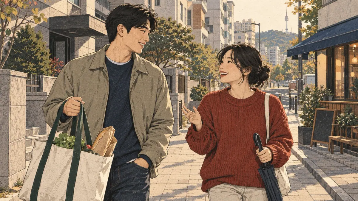 An adult Korean woman warmly greets her older brother on a Seoul neighbourhood street.