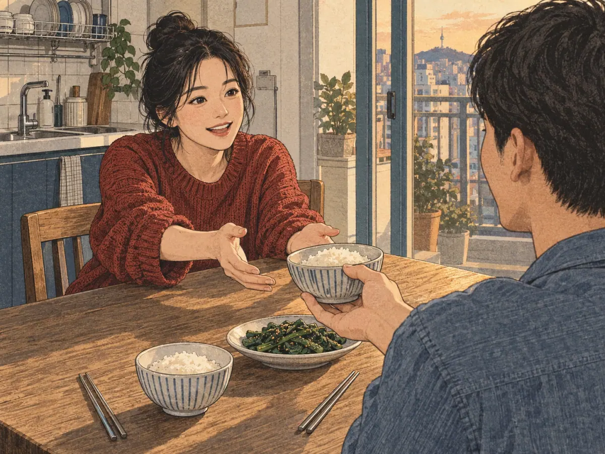 The younger adult sister asks her older brother to pass a bowl at the kitchen table.