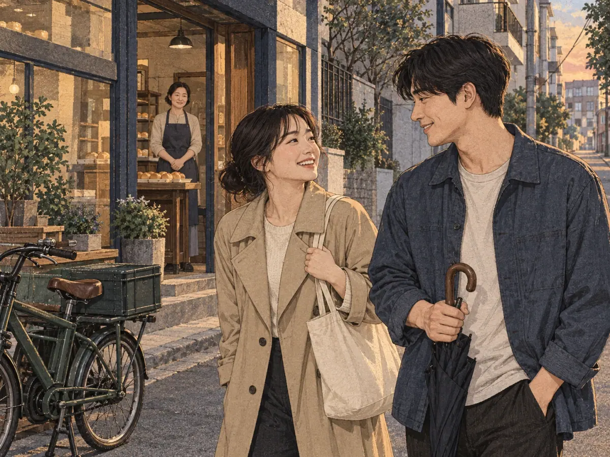 Show the family term’s extension to a close older male friend through the adult woman’s warm greeting on a neighbourhood street, with relaxed fam.