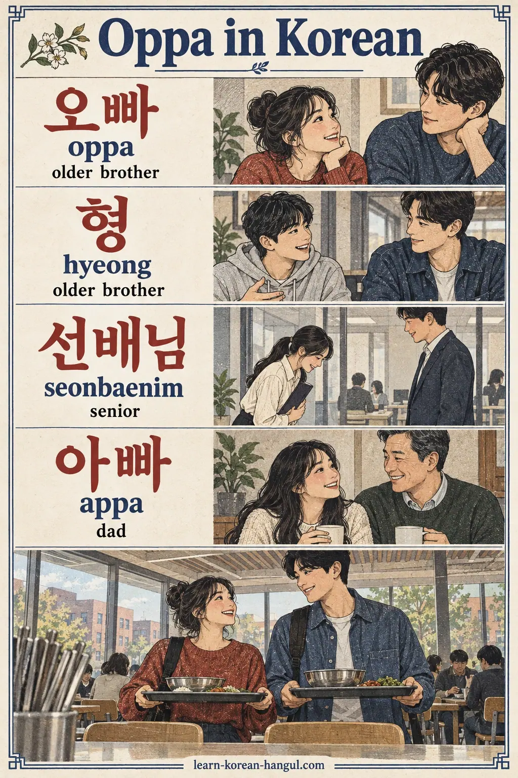 Illustrated cheat sheet: 오빠 (oppa); 형 (hyeong); 선배님 (seonbaenim); 아빠 (appa).