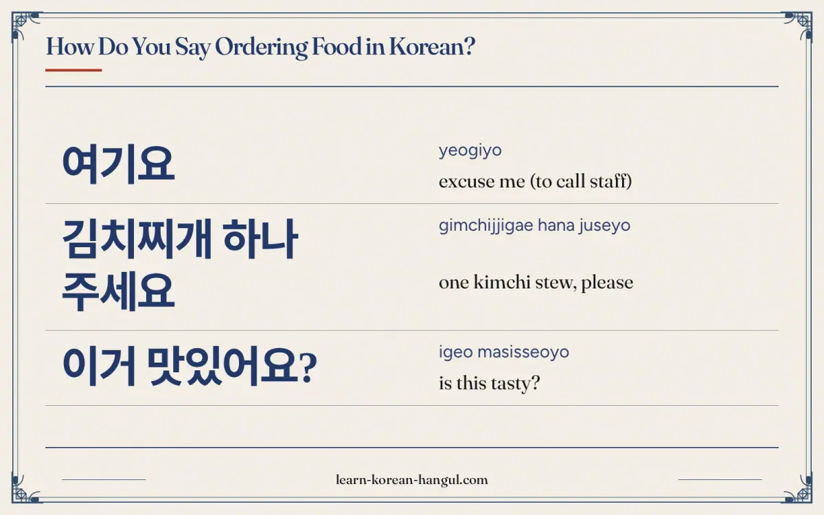 여기요 · yeogiyo · excuse me (to call staff) · How do you say ordering food in Korean?