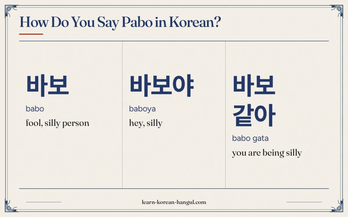 바보 · babo · fool, silly person · How do you say pabo in Korean?