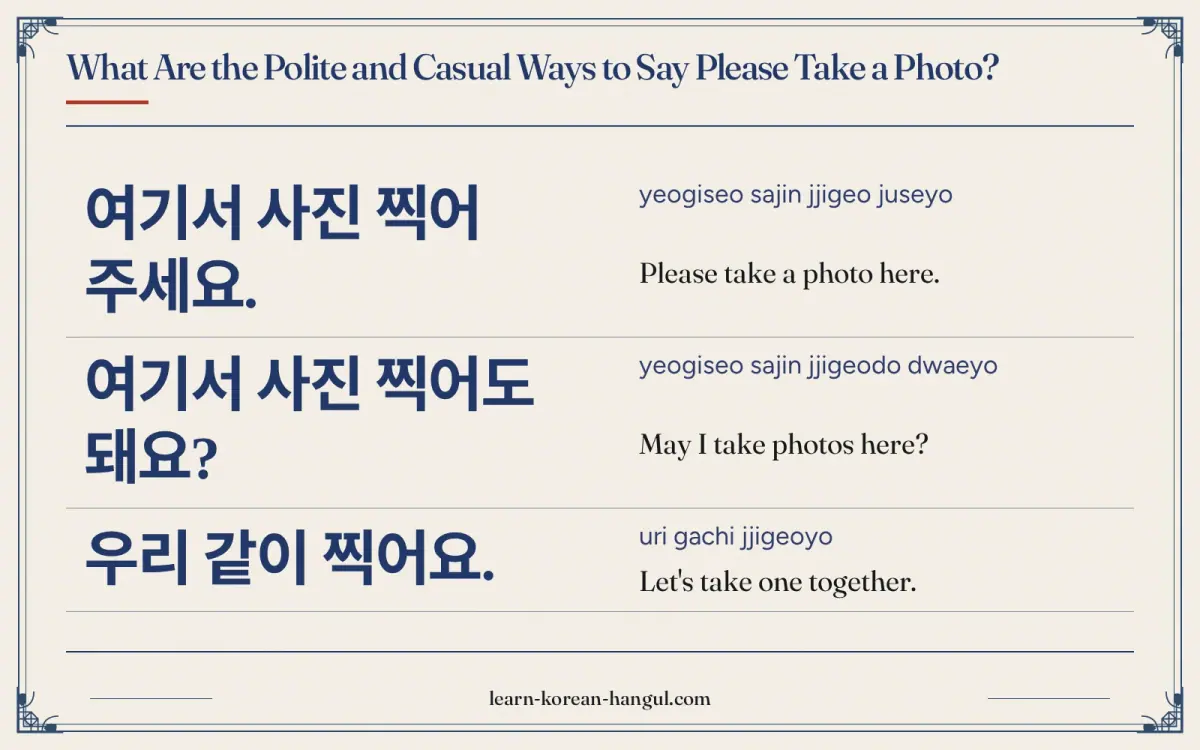 여기서 사진 찍어 주세요. · yeogiseo sajin jjigeo juseyo · Please take a photo here. · What are the polite and casual ways to say please take a photo?