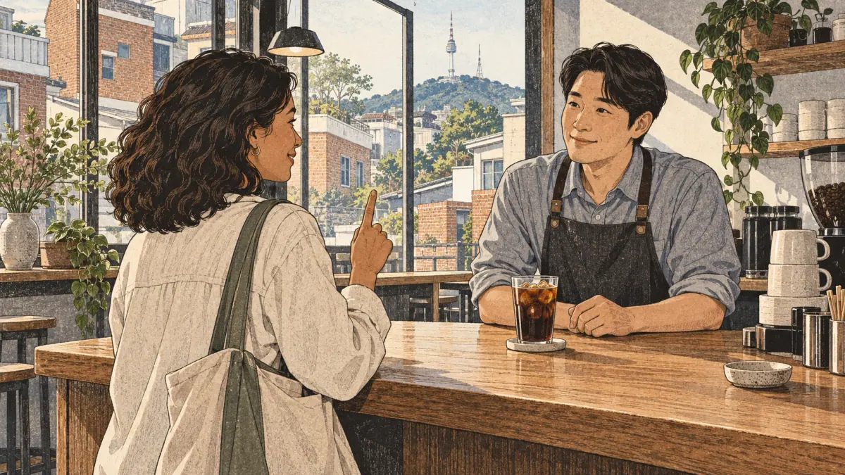 A customer politely orders an iced Americano from a barista at a Seoul café counter.