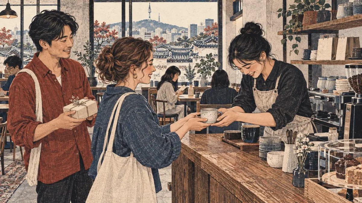 A learner receives coffee with a courteous bow while friends exchange a gift in a Seoul café.
