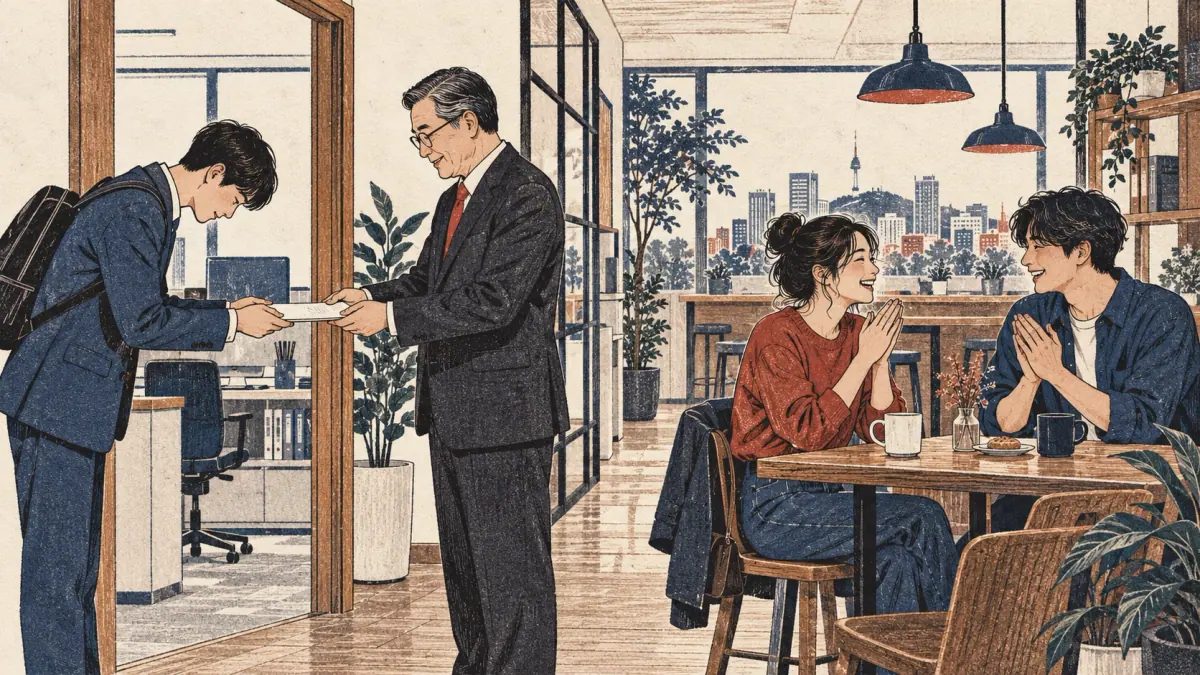 A learner bows to a supervisor while close friends exchange relaxed thanks in a café.