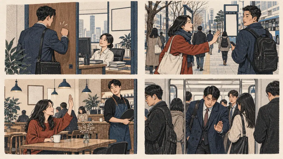 Four scenes show entering an office, getting attention, calling restaurant staff and passing subway commuters.