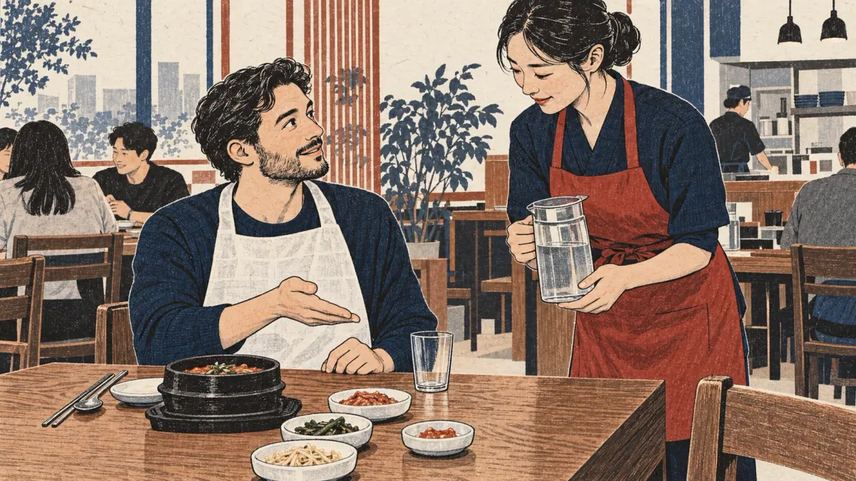 A learner points gently to an empty glass as a Korean restaurant server brings water.