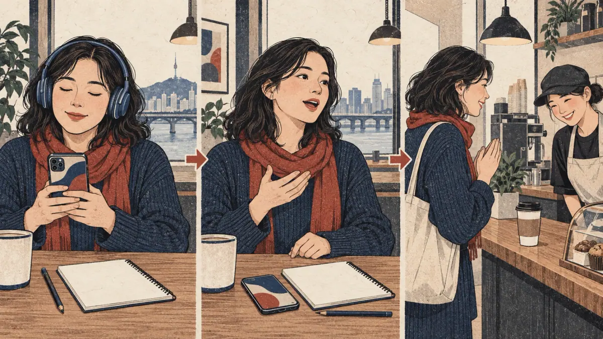 A learner listens with headphones, repeats aloud, then practises speaking politely to café staff.