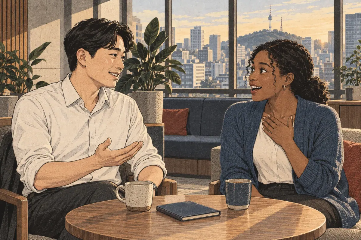 A coworker reacts with delighted surprise to good news in a Seoul office lounge.