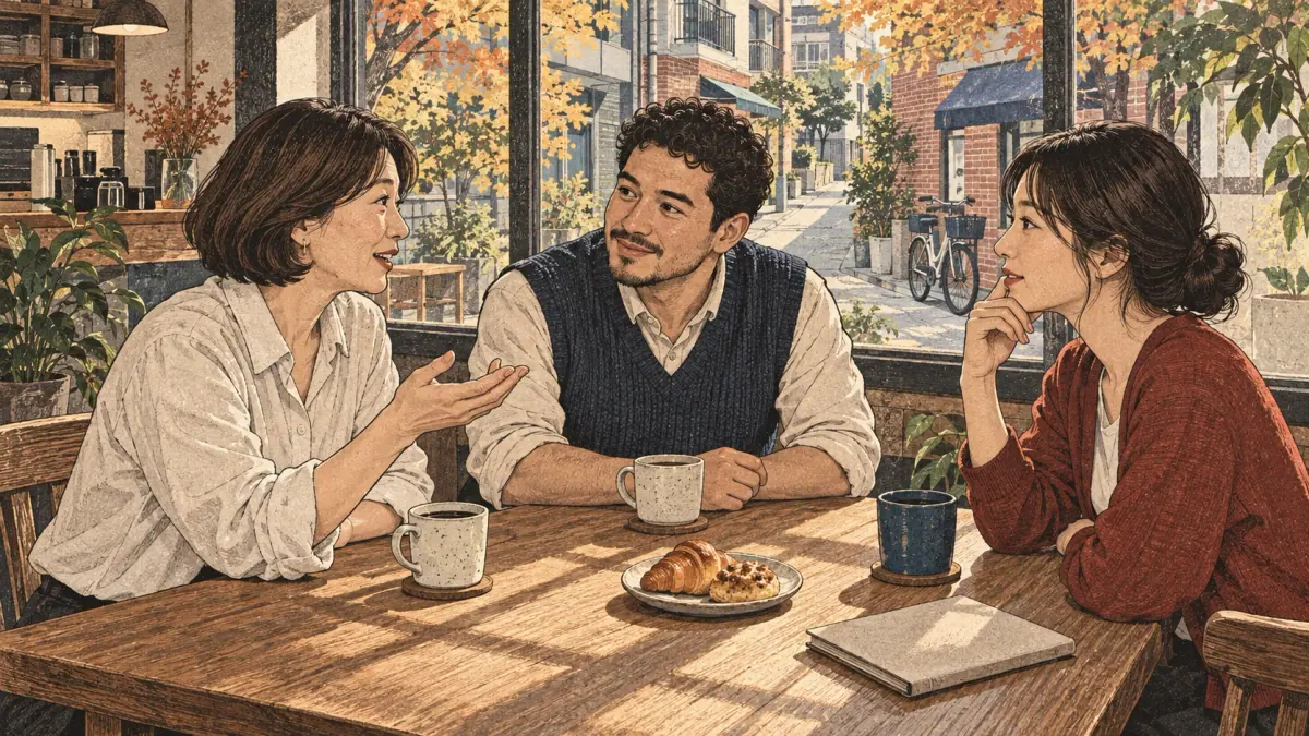 Three adults listen and respond naturally during a conversation in a Seoul café.