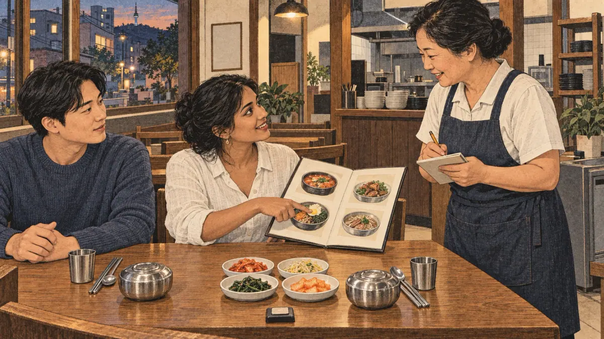 A diner politely orders from a server at a Korean restaurant table set with rice and side dishes.